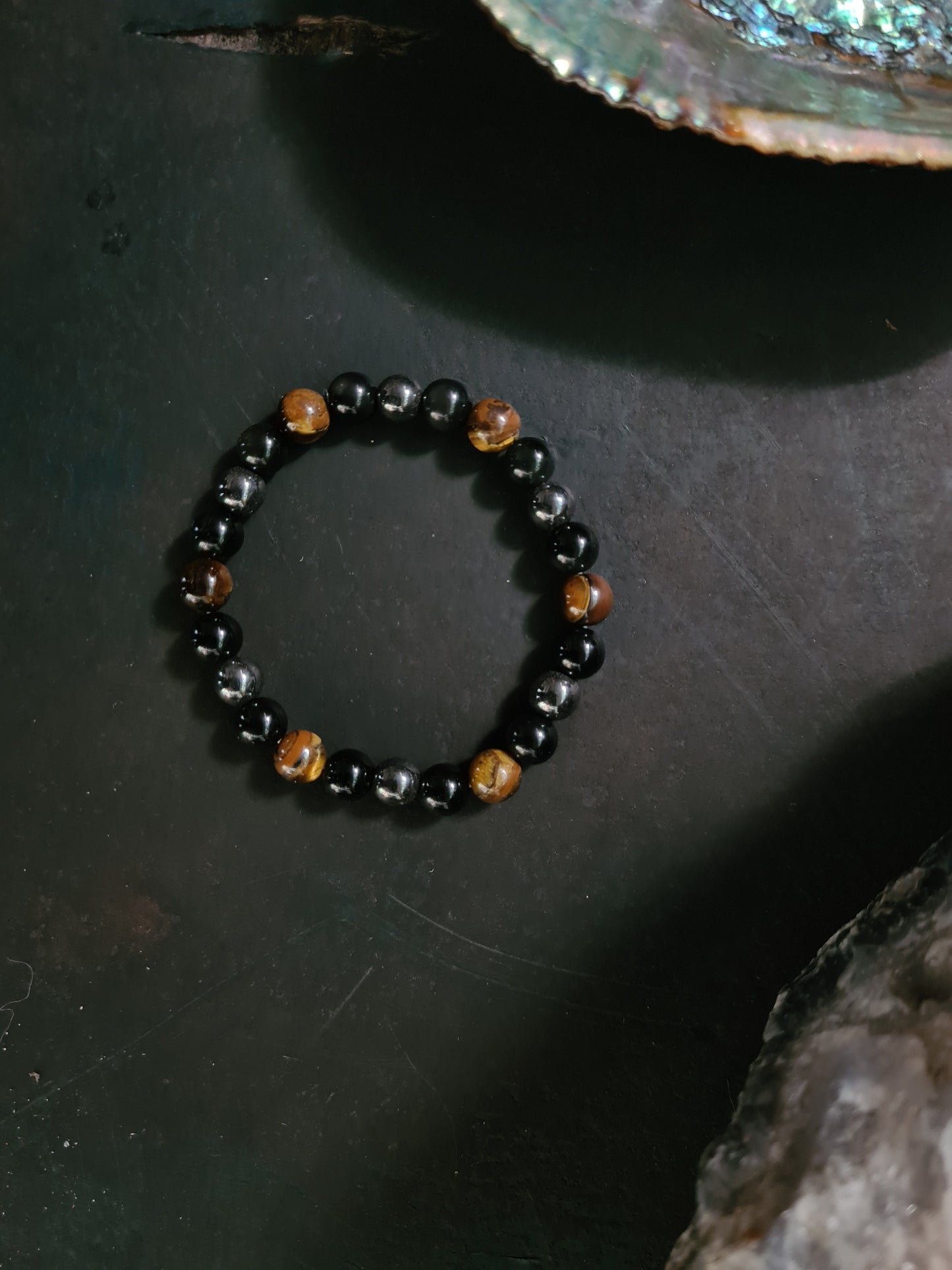 Armband hematiet obsidiaan  tijgeroog elastisch