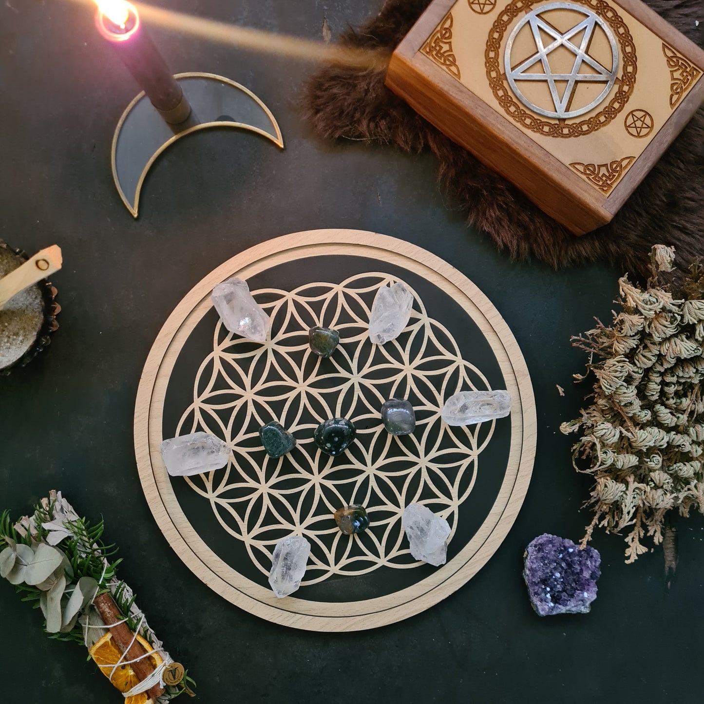 Crystal grid flower of life manifesteren edelstenen